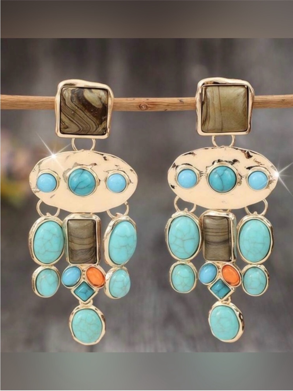 Turquoise Bohemian Drop Earrings 24k Gold Plated New